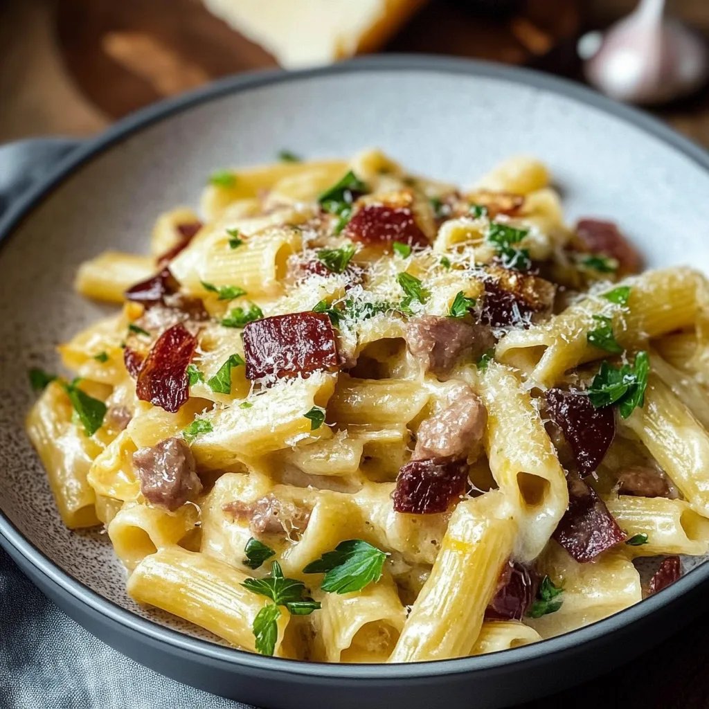 Cremige Pasta mit Rosenkohl und Rinderbauchspeck