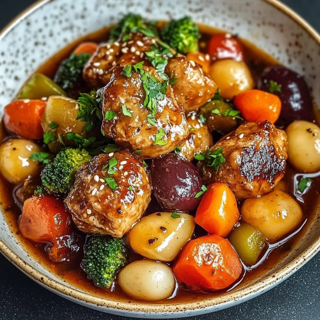 Deftiger Rosenkohleintopf mit würzigen Hackbällchen und Gemüse