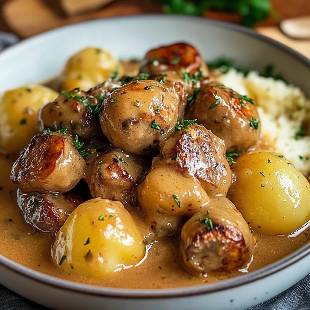 Hackbällchen in cremiger Sauce mit Kartoffelpüree